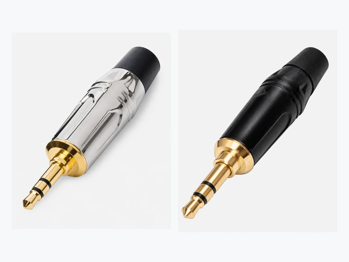 Silver and black stereo 3.5mm phone plugs