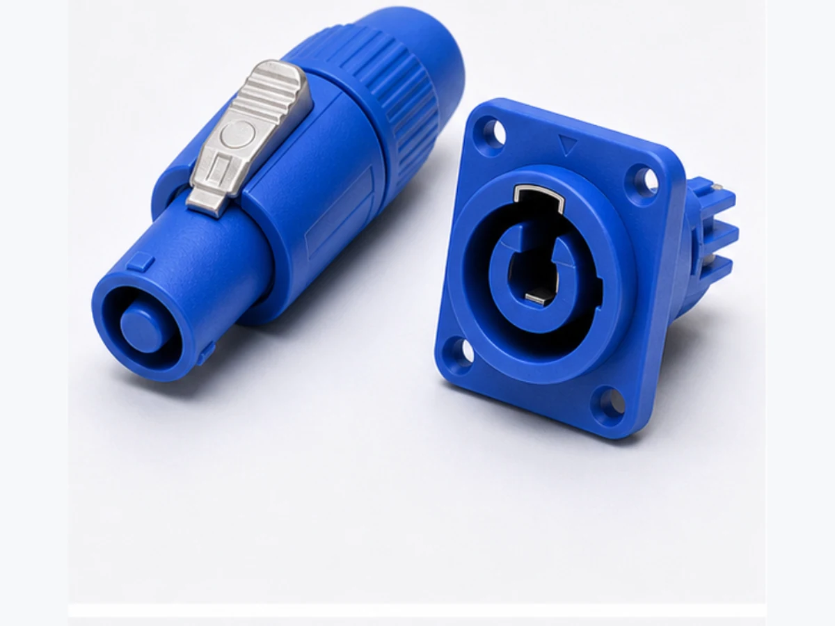 Blue locking power cable connector and panel socket