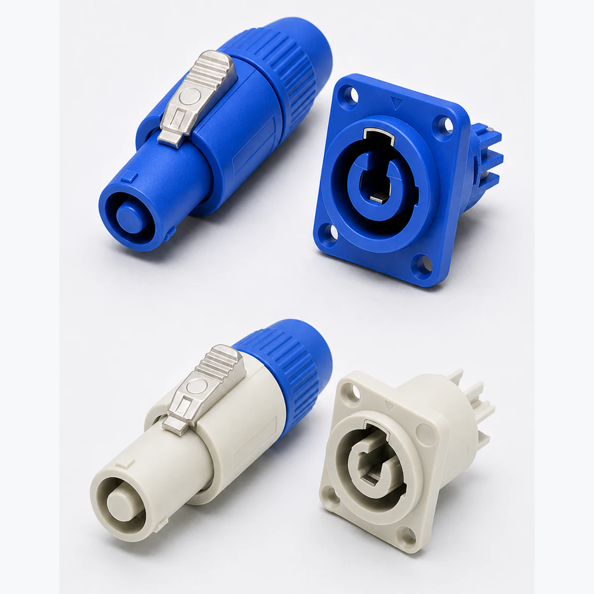Blue and white locking power connectors with panel sockets